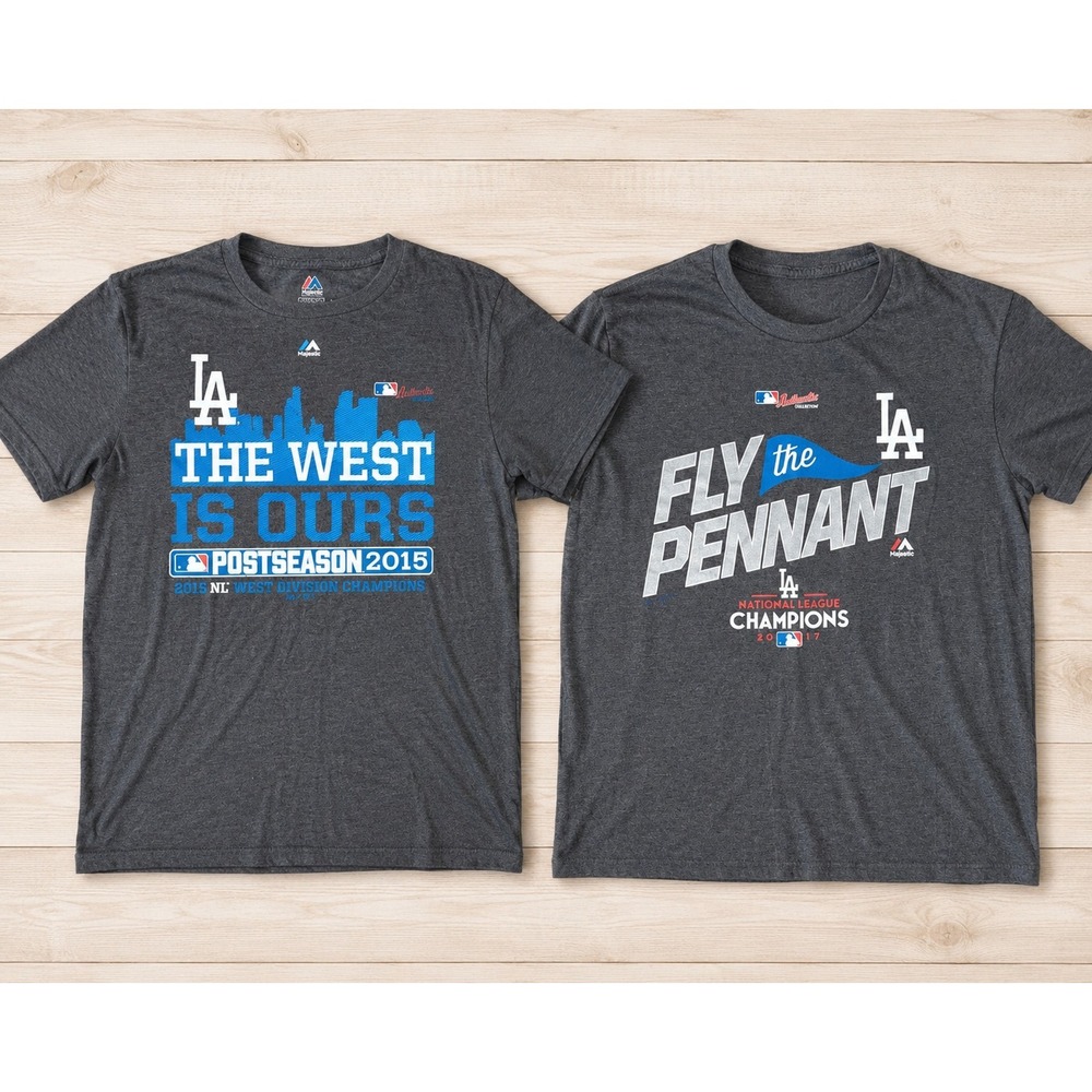 LA Dodgers Majestic T-Shirt Lot of 2 Men's Medium 2015 2017 MLB Playoffs